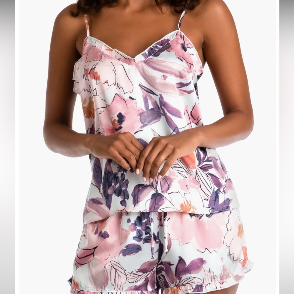 Shea Floral Ruffle Trim Satin Short Pajamas | color: midnight bakery